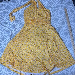 HuHot Women's L Yellow Floral Halter Sundress Fit & Flare Summer Boho